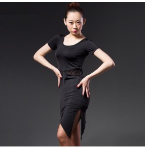 Black hollow waist irregular hem women's ladies female short sleeves competition performance latin dance dresses